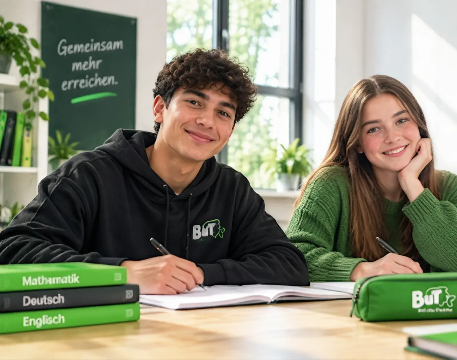 Zwei lächelnde Jugendliche lernen gemeinsam am Tisch, davor Schulbücher für Mathematik, Deutsch und Englisch